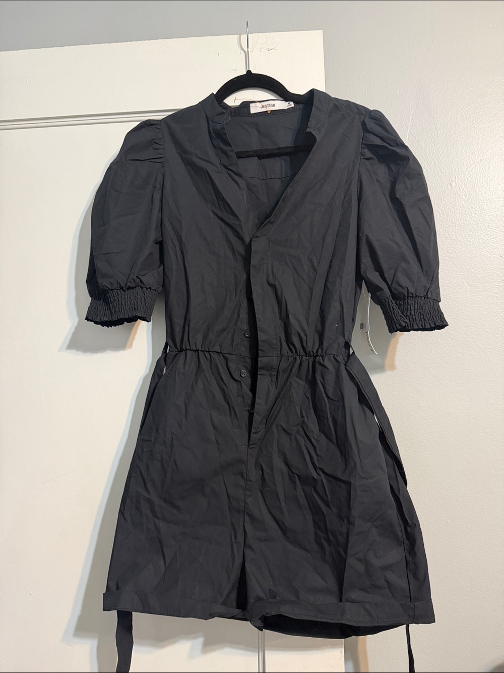 Black Puff-Sleeve Front Button Romper